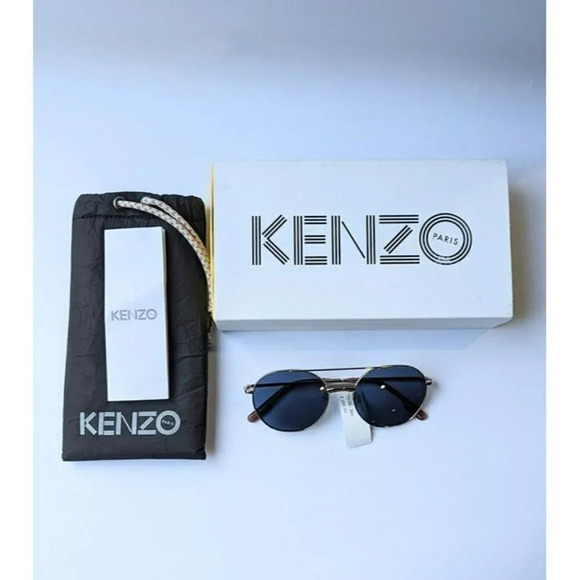 Kenzo KZ40097U Unisex Brow Bar Round Metal Gold & Blue Lens Sunglasses MSRP $180 - Picture 2 of 10